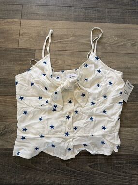 White Cami with Blue Star Print and Front Tie